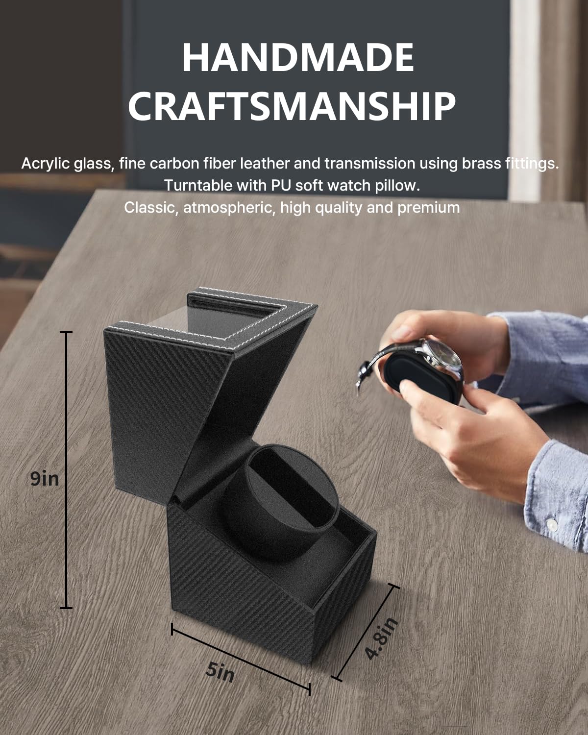 Watch Winder for Automatic Watches: Automatic Single Watch Winder Box, Rotating Watch Case in Black Carbon Fiber Leather, Watch Rotator with Japanese Quiet Motor, Battery Powered or AC Adapter