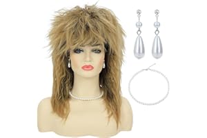 Bettecos 80s Women Rock Diva Costume Wig with Necklace and Earring for Women Big Hair Blonde 70s 80s Rocker Mullet Wigs Glam Punk Rock Rockstar Cosplay Wig for Halloween Party (Blonde)