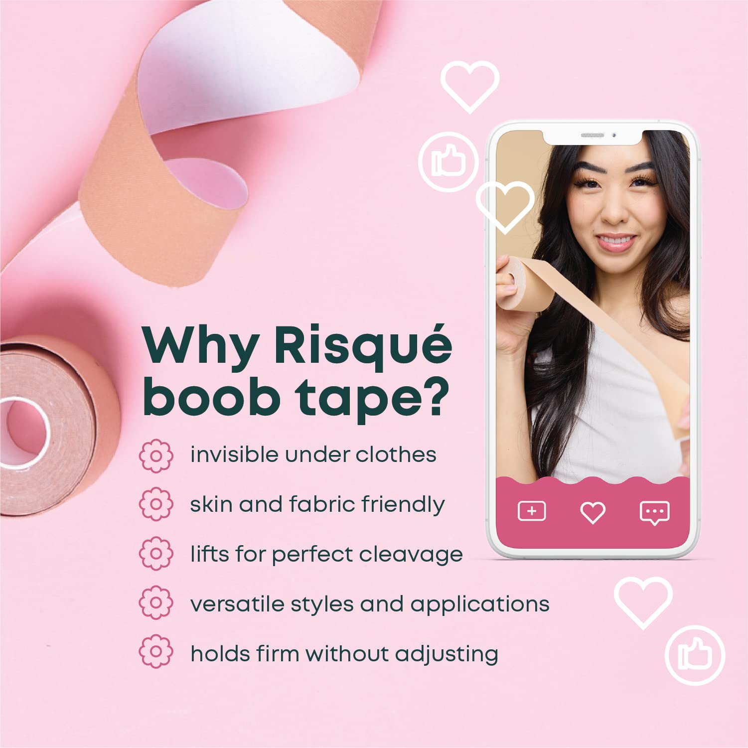 Risqué Boob Tape Boobtape for Breast Lift | Includes Nipple Covers | Body Tape for Push up & Shape | Works Great with Sticky Bra Backless Bra or Strapless Bra | Waterproof Sweat-Proof Beige