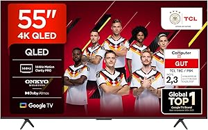 TCL 55T8C 55 Zoll QLED 4K HDR UHD Fernseher, Smart Google Tv Dolby Vision Atmos,144Hz Motion Clarity Pro, Game Bar, ALLM, Freesync, Onkyo 2.1 Sound, Sprachsteuerung, Kompatibel mit Google Assistant