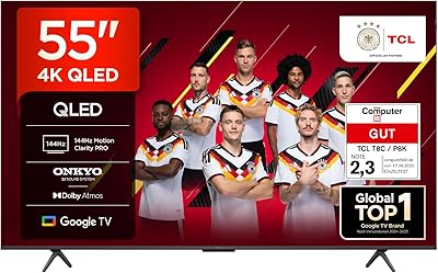 TCL 55T8C 55 Zoll QLED 4K HDR UHD Fernseher, Smart Google Tv Dolby Vision Atmos,144Hz Motion Clarity Pro, Game Bar, ALLM, Freesync, Onkyo 2.1 Sound, Sprachsteuerung, Kompatibel mit Google Assistant