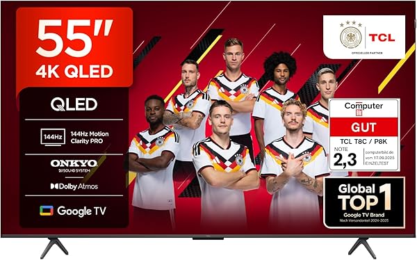 TCL 55T8C 55 Zoll QLED 4K HDR UHD Fernseher, Smart Google Tv Dolby Vision Atmos,144Hz Motion Clarity Pro, Game Bar, ALLM, Freesync, Onkyo 2.1 Sound, Sprachsteuerung, Kompatibel mit Google Assistant