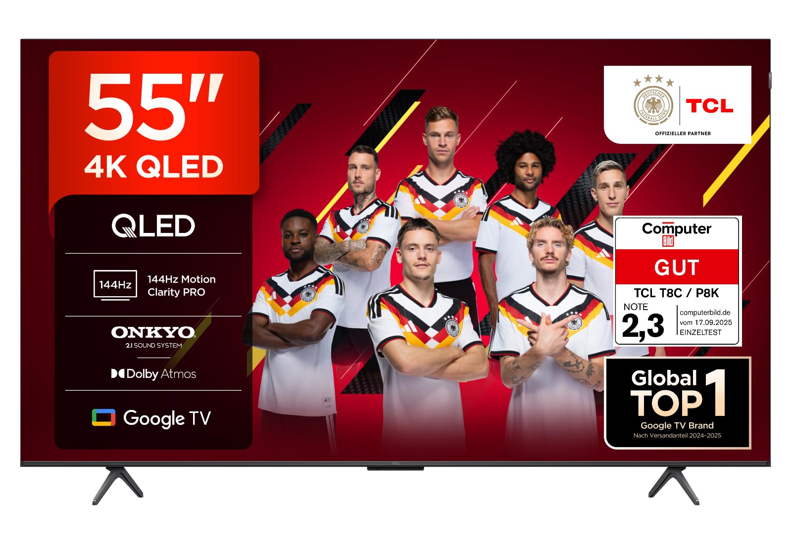 TCL 55T8C 55 Zoll QLED 4K HDR UHD Fernseher, Smart Google TV Dolby Vision & Atmos, 144Hz Motion Clarity Pro, Game Bar, ALLM, FreeSync, Onkyo 2.1 Sound, Sprachsteuerung, Kompatibel mit Google Assistant