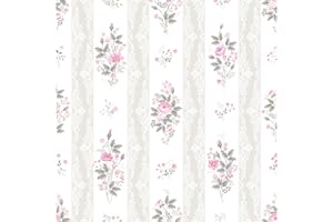 VaryFloral Floral Striped Wallpaper Peel and Stick French Flower Striped Wallpaper for Bedroom Girls Room Farmhouse Pink Flor