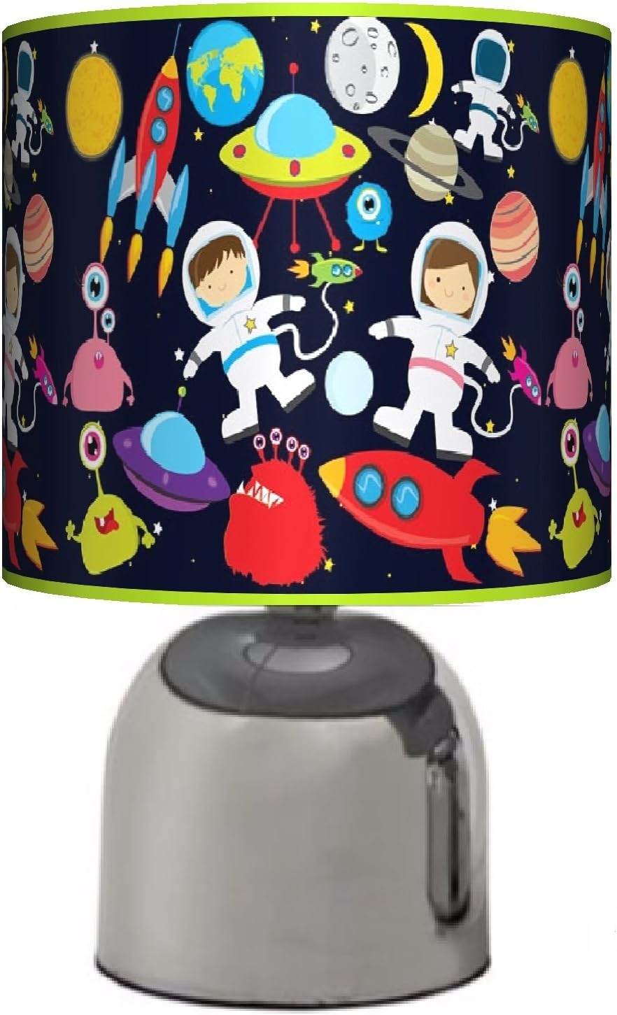 SPACE ROCKET - BEDSIDE TOUCH LAMP - BOYS BEDROOM LIGHT / LAMP SHADE - GREEN - MAINS OPERATED (UK PLUG)