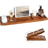Realgulf Teak Bathtub Tray, Adjustable Wood Bath Organizer Caddy | Built‑in wine holder, tablet &amp; book stand. Water‑resistant finish, fits most tubs for everyday bathroom application