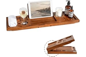 Realgulf Teak Bathtub Tray | Adjustable Width Tray with Wine Holder, Tablet/Phone & Book Stand, Splash-Proof for Bath Time- Natural