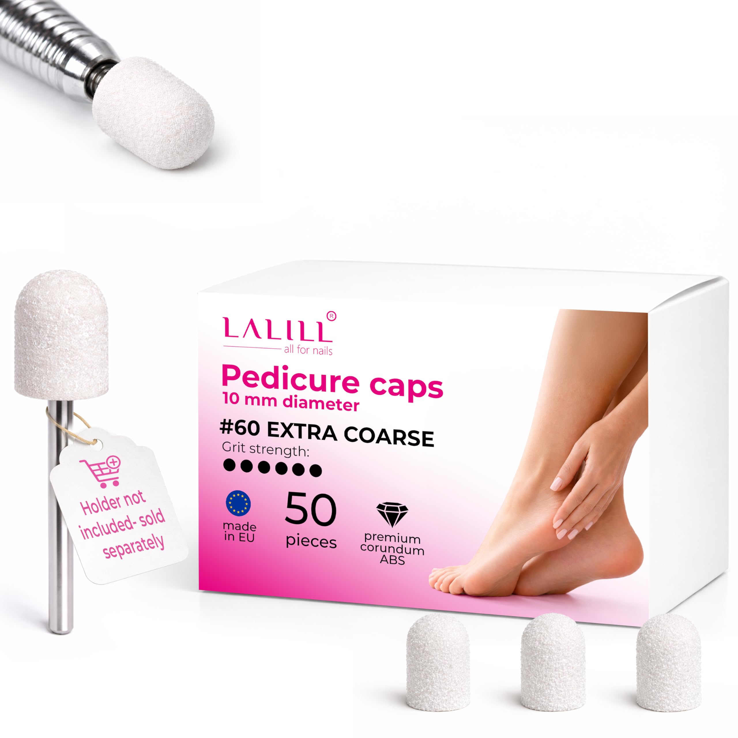 LALILL Sanding Caps LUX Pack of 50 - White Cutter Caps for Nail Cutters - Manicure, Pedicure & Podiatry - Attachments for Foot Care, Callus Removal, Nail Modeling, 10 mm 60 Grit