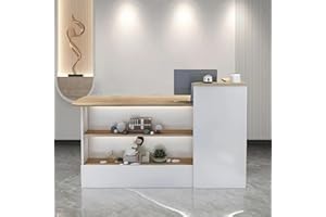 Nuipesn Modern Reception Counter with Transaction Counter & Storage Lockable Drawer Front Desk with Private Panels & LED Light for Office (White+Natural-Right,39.37"L*19.7"W*39.4"H)