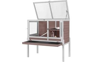 JOYQINCHEN Wooden Guinea Pig Cages Indoor with Removable Stand, Anti Chewing Rabbit Hutch with Ramp and Wire Mesh, 2 Story Small Animals House Habitat with Pull Out Tray (Brown&White)