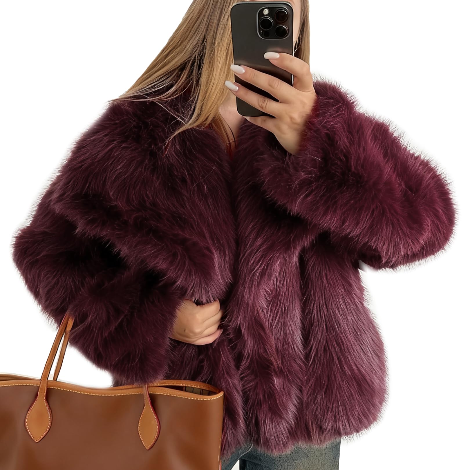 Photo 1 of Flygo Women's Faux Fur Coat Fluffy Faux Fur Jacket Long Sleeve Lapel Furry Winter Jackets Shaggy Parka Short Coat(WineRed-Small)