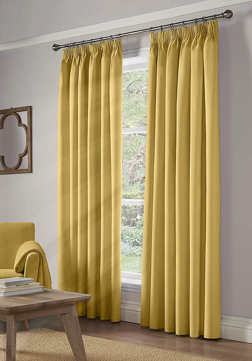 Alan Symonds 100% Blackout Pencil Pleat Taped Top Curtains - Ochre (229cm x 229cm)