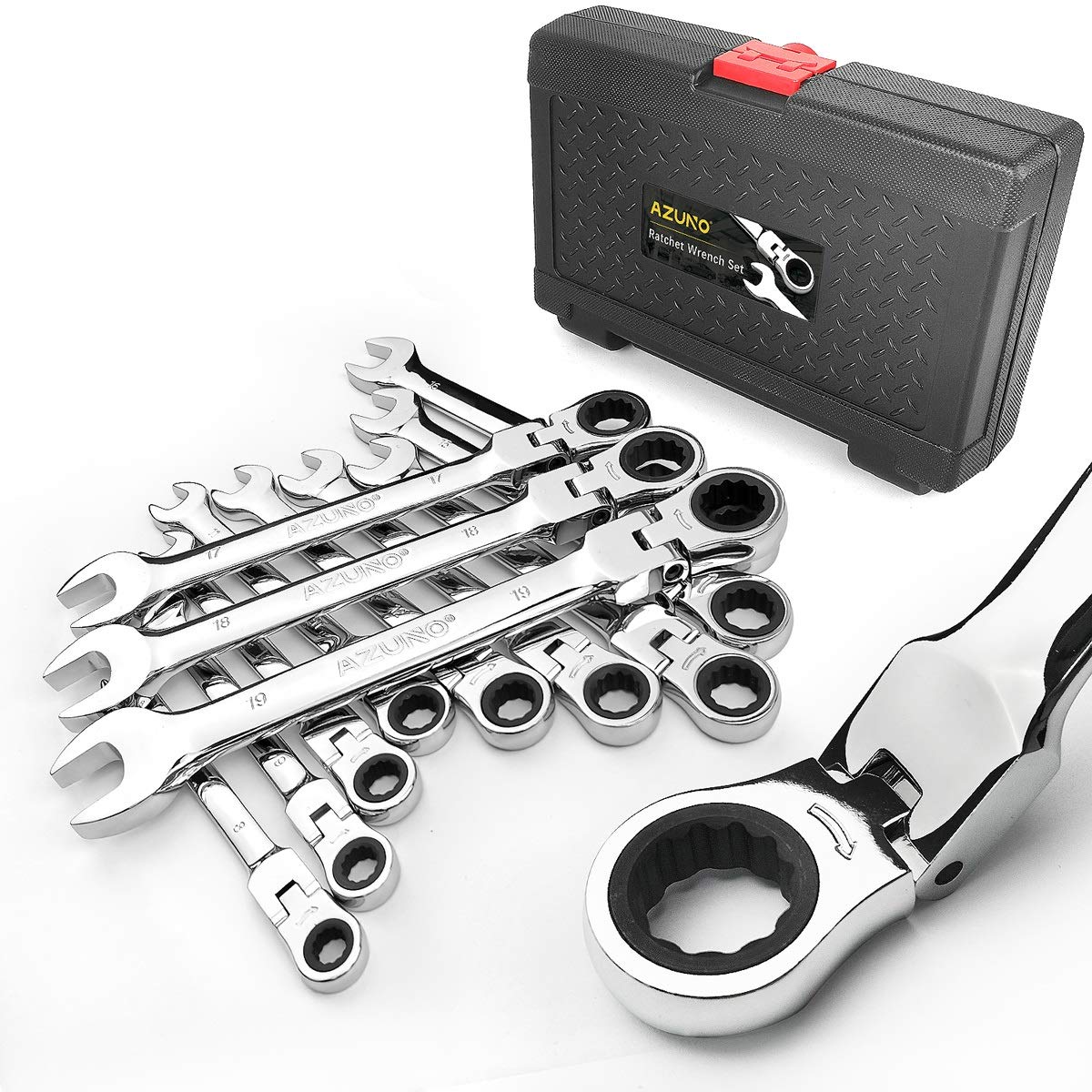 AZUNO 12-Piece Metric Flex-Head Ratchet Spanner Set, 8-19mm Combination Spanner Kit, 72-Tooth Ratchet, 5° Swing Arc, 180° Flexible Head, Drop Forged Cr-V Steel with Storage Case