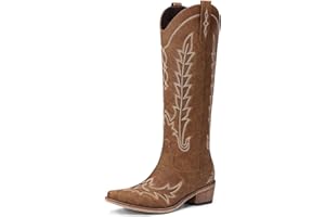 Rivalran Cowboy Boots for Women - Knee High Pointed Toe Chunky Heel Pull On Zipper Western Cowgirl Boots, Retro Country Vintage Fashion Tall Boots