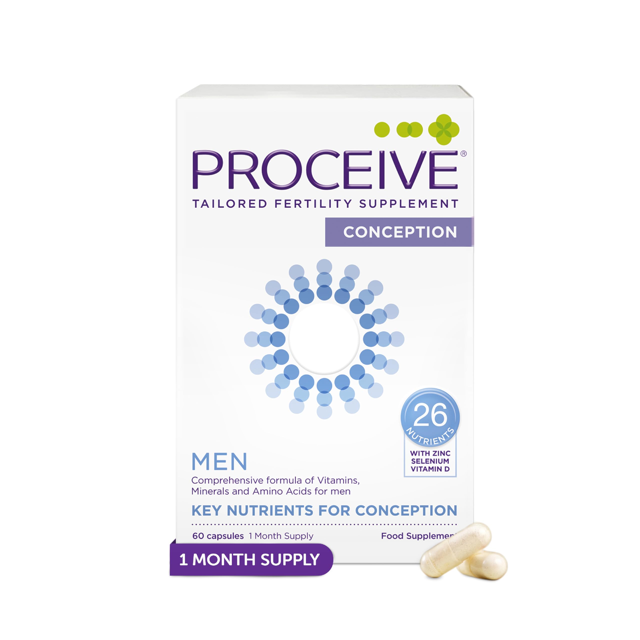 Proceive® Men Fertility Supplement for Conception - Vitamins & Minerals for Men Trying to Conceive - Selenium, Zinc, Co Q10, Vitamin D - 60 Capsules (1 Month Supply) - Vegan