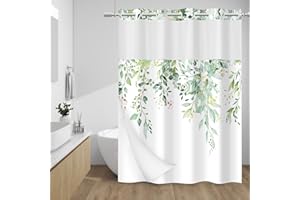 WITHLOC No Hook Shower Curtain with Snap in Liner - Eucalyptus Shower Curtain - Fabric Waterproof Inner Liner, Plants Sage Green Leaves Modern Shower Curtains - Machine Washable, 71 x 74