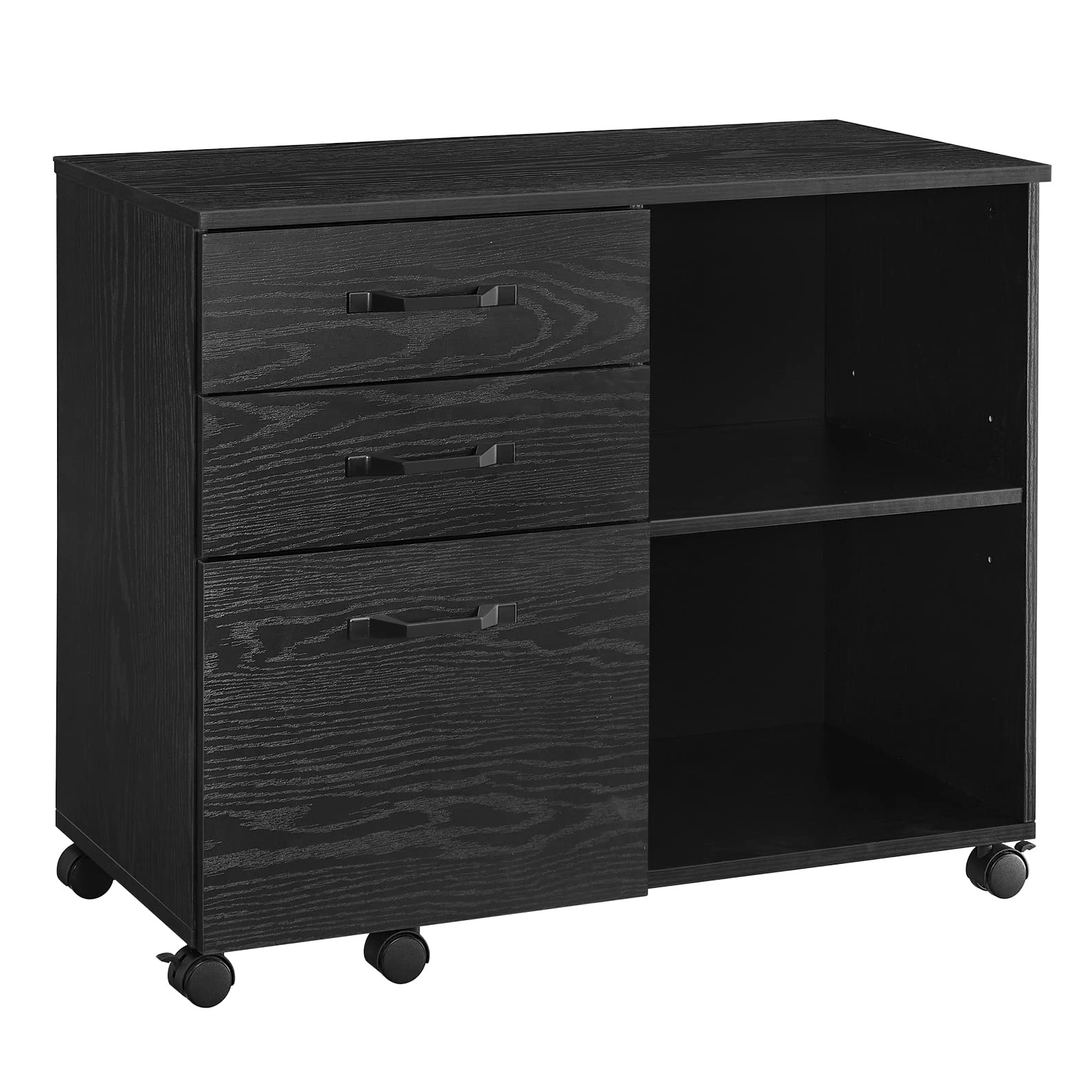 VASAGLE Lateral File Cabinet, Home Office Printer Stand, with 3 Drawers and Open Storage Shelves, for A4, Letter-Size Documents, Black with Wood Grain