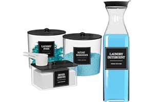 AIKAMI 3+1 Pack Laundry Pods Containers & Dryer Sheet Holder & Laundry Detergent Dispenser, Laundry Room Organization and Storage Jars with Lids, Labels and Scoops for Scent Booster Powder Pods, Black Lid