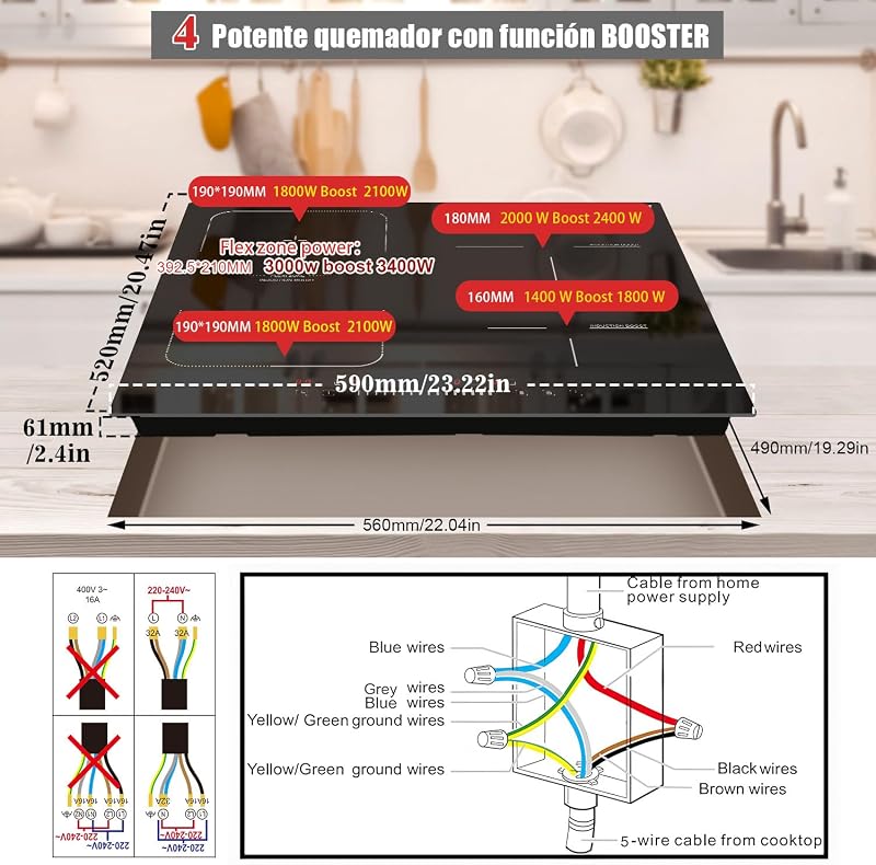 Placa Induccion 4 Fuegos con Zona Flexible, Empotrable 60CM, 7200W