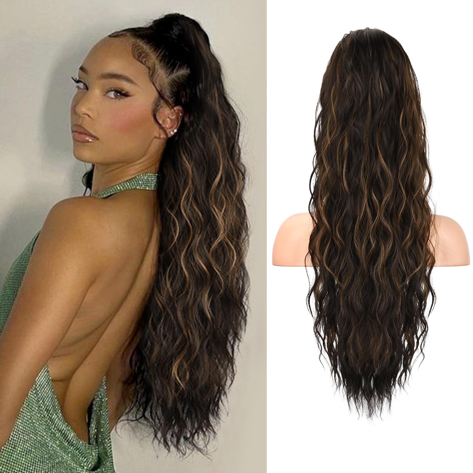 REECHO Ponytail Extension, 26" Long Beach Wave Drawstring Pony Hair Extension Synthetic Pony Tail Hairpiece for Women - Chocolate Brown with Highlights