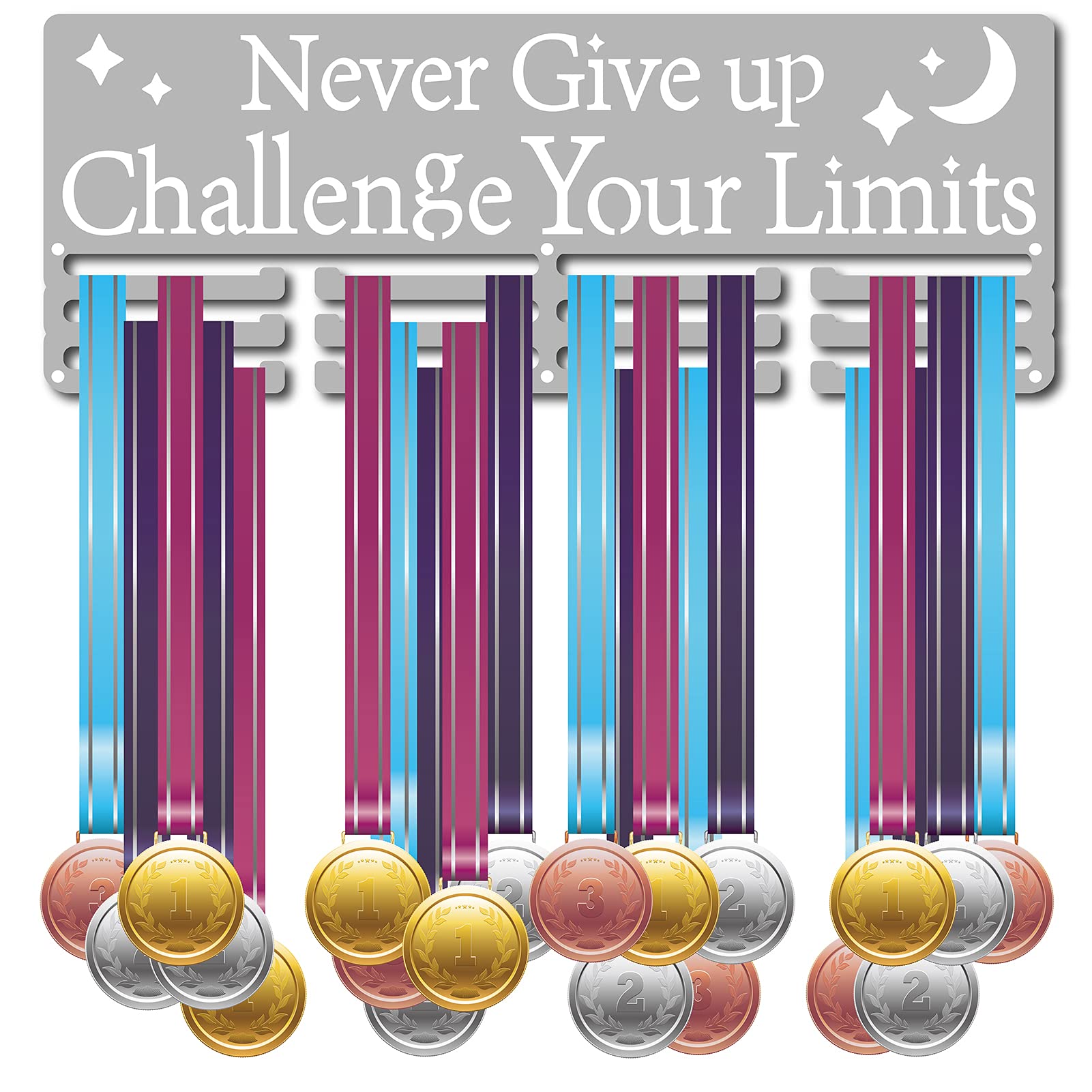 CREATCABIN Medal Holder Display Hanger Rack Sports Awards Metal Wall Mounted Never Give Up Challenge Your Limits for Athletes Champions Players Gymnastics Over 60 Medals Platinum 15.7 x 5.9inch