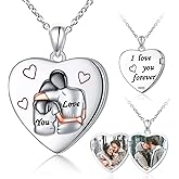 DAOCHONG S925 Sterling Silver Heart Love Locket Photo Necklace for Women Men Couple Keepsake Locket I Love You Forever Picture Pendant Valentine's Day Jewelry Gift of Loved Ones