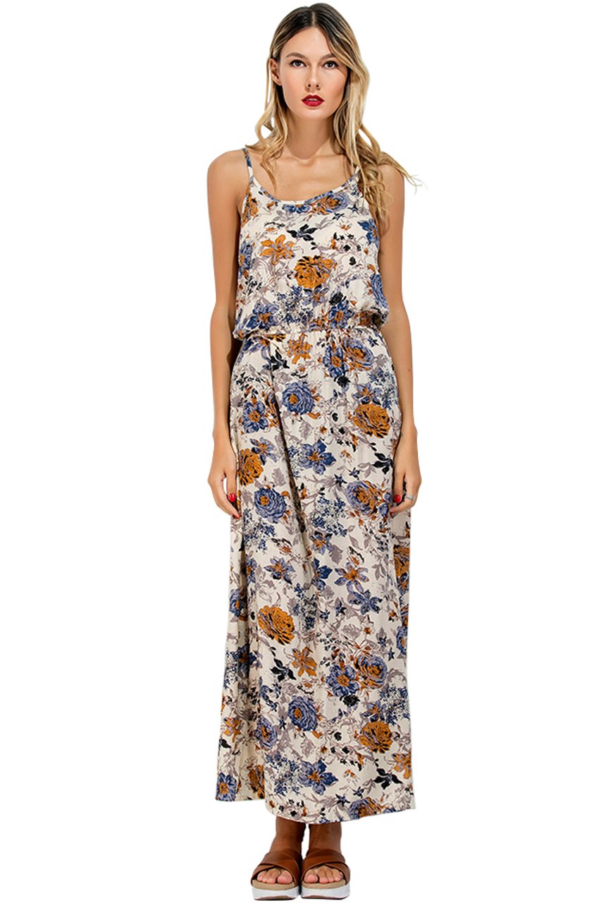 CHIC DIARY Women\'s Spaghetti Strap Bohemian Floral Print Maxi Dress Sundress (M, 1 Print on Apricot Background)