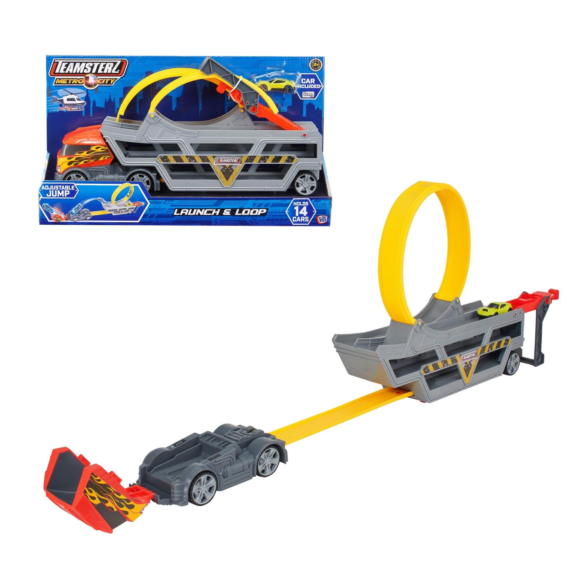 Teamsterz Launch & Loop Transporter Set for Kids | Includes 1 Die-Cast Car | Holds Up to 14 Cars | Adjustable Track with Loop & Jump Ramp | Vehicle Storage & Racing Playset | Ages 3+