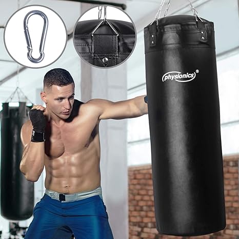 Boxsack für Erwachsene | Gefüllt, Ø35 cm, H120 cm, Gewicht 30 kg, inkl. 4-Punkt Stahlkette und Karabinerhaken | Box, Kickboxe