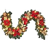 6ft Pre-lit Garland,red Gold Christmas Poinsettia Garland with 25 LED Light String,Indoor Outdoor Lighted Decorations on Mantle Fireplace Front Door Stairs Winter Decor Battery Operated with Timer