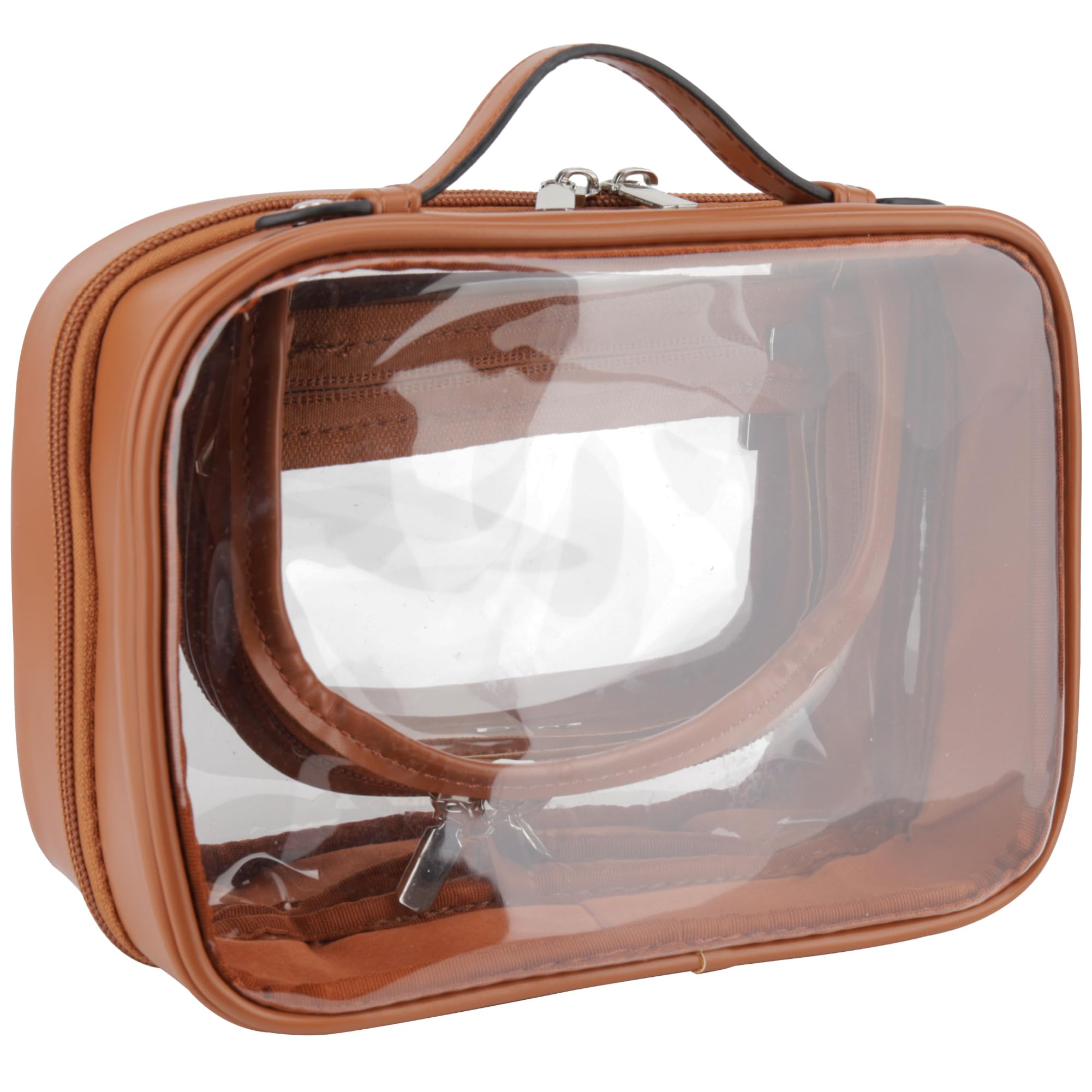 Veki Clear Waterproof Cosmetic Bag with Handle Strap, Travel PU Leather Toiletries Bag with Double Zips, Large Capacity Portable Bags Storage Organizer for Women and Girls (Small Coffee)