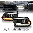 AmeriLite for 2009-2018 Dodge Ram 1500 2500 3500 [BOTH Model] Upgraded Projector Switchback LED Tube Black Headlights Assembly Pair - Passenger and Driver Side