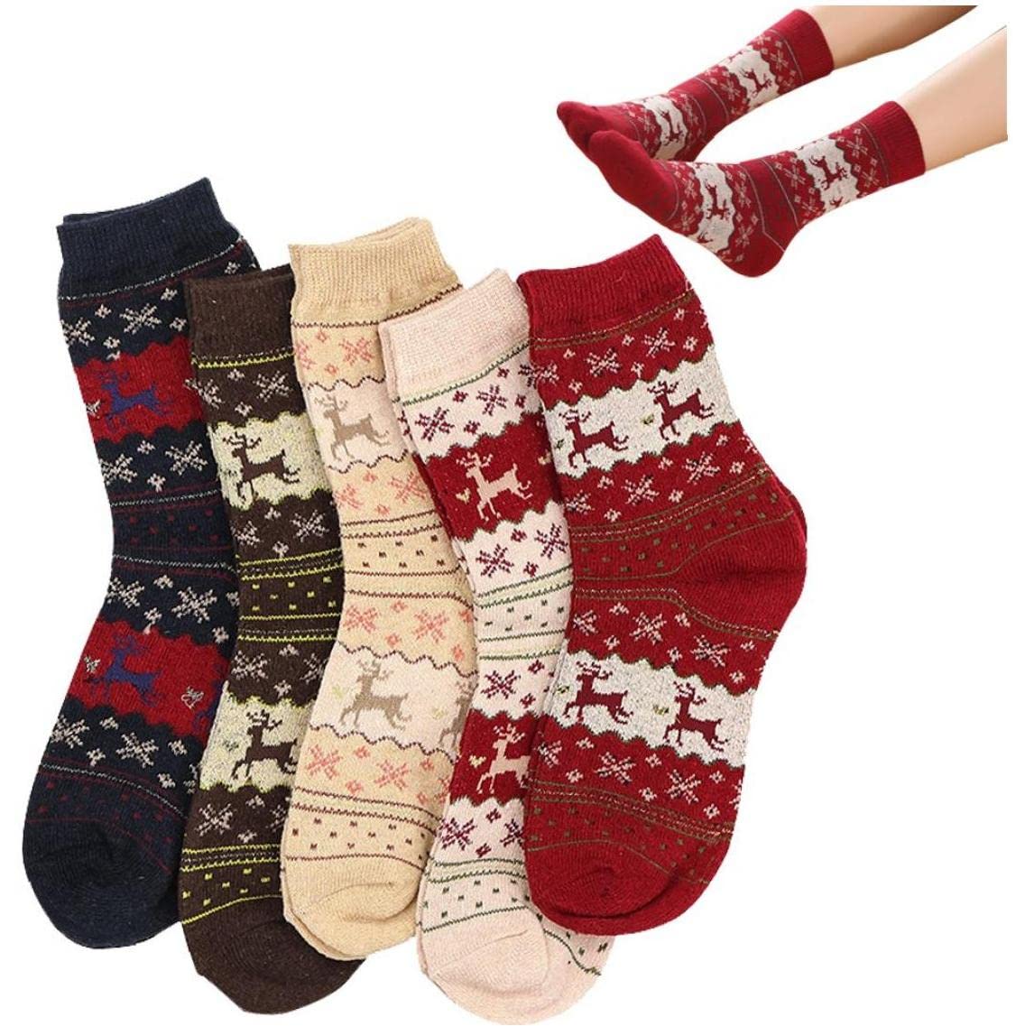 Ayrsjcl Women's Christmas Socks, Soft Wool Socks, Funky Reindeer Print, Winter Socks, Set of 5