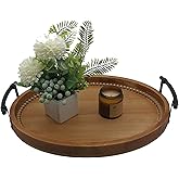Oval Rustic Wooden Decorative Tray, Serving Tray with Metal Handles, Ottoman Coffee Table Tray, Farmhouse Centerpiece for Kitchen or Living Room (Brown)