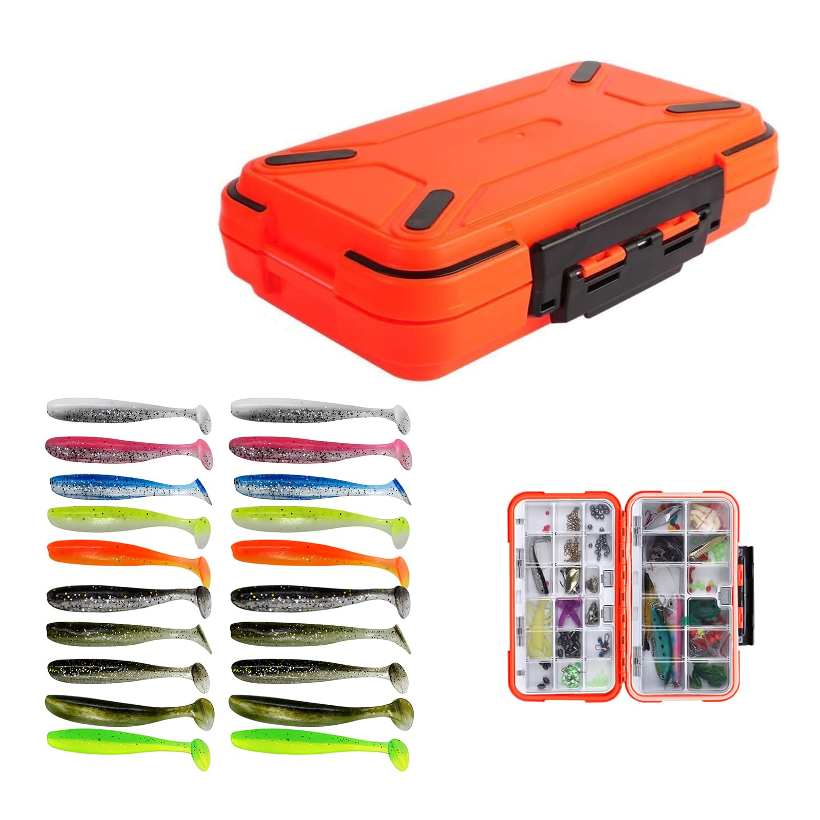 Fishing Tackle Box,RoadLoo Fishing-Lure-Boxes-Bait Multifunctional Fishing Accessories Storage Box 30 Compartment Waterproof Portable Fishing Tackle Box Waterproof with 20 Soft Plastic Lures (orange)