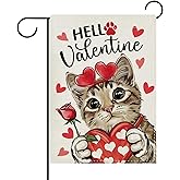 Dyrenson Hello Valentines Day Tabby Cat Decorative Garden Flag, Red Love Heart Yard Outside Home Decoration Pet Owner Lover Gift, Anniversary Wedding Burlap Outdoor Small Decor Double Sided 12 x 18