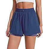 PINSPARK Athletic Shorts for Women High Waisted Workout Short 2 in 1 Running Shorts Gym Shorts with Zipper Pockets