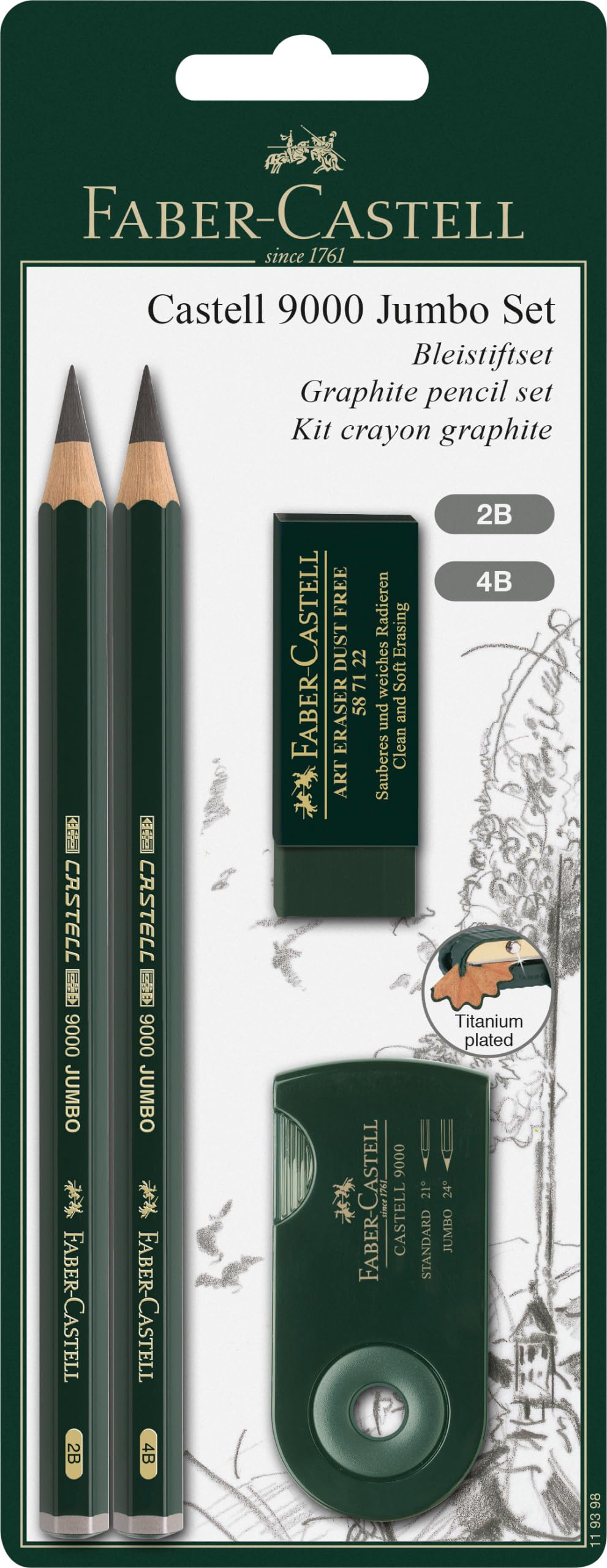 Faber-Castell 9000 Jumbo Graphite Pencil Set - 2 Graphite Sketch Pencils (2B, 4B), Double Hole Pencil Sharpener, Dust Free Art Eraser - Graphite Pencils for Drawing, Sketching and Shading
