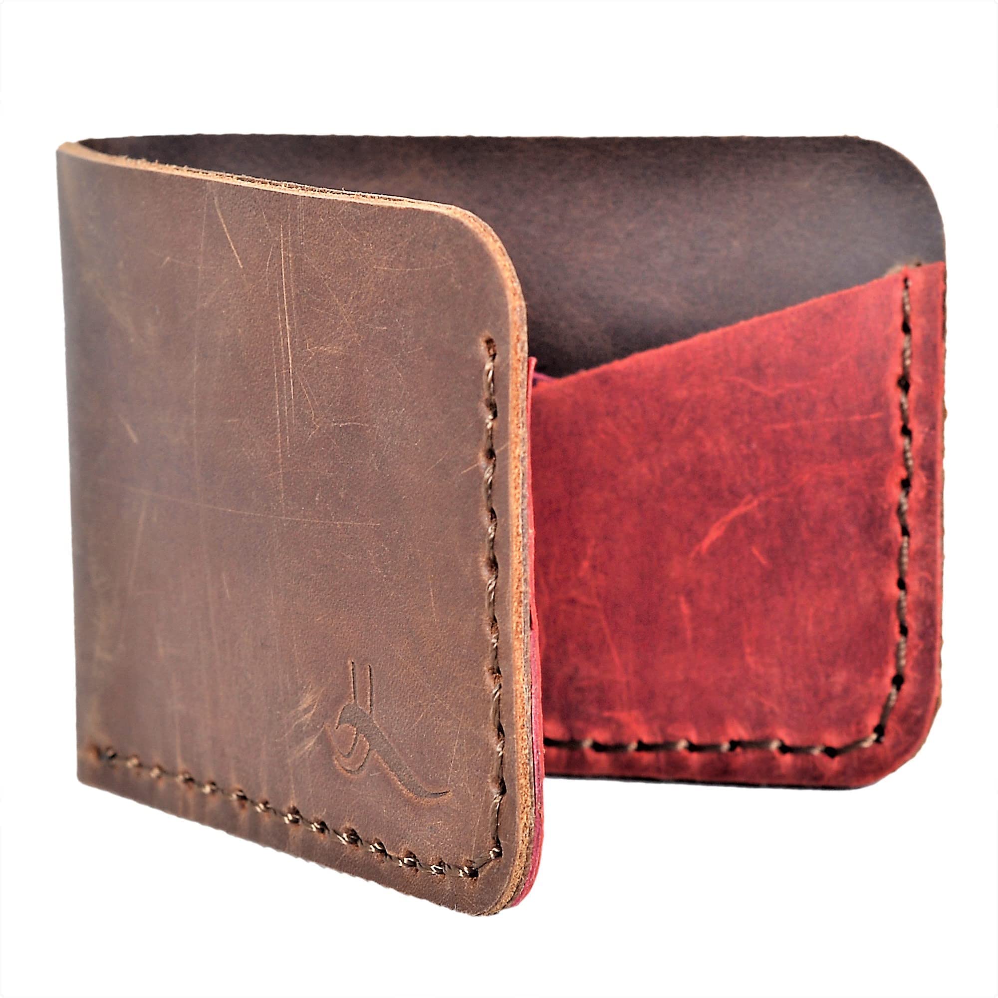 QE Handmade Genuine Leather Wallets Brown for Men, Hand Stitched Minimalist Wallet with Gift Box Great Gift Idea for Men, Inside Pocket Color Maroon & Purple