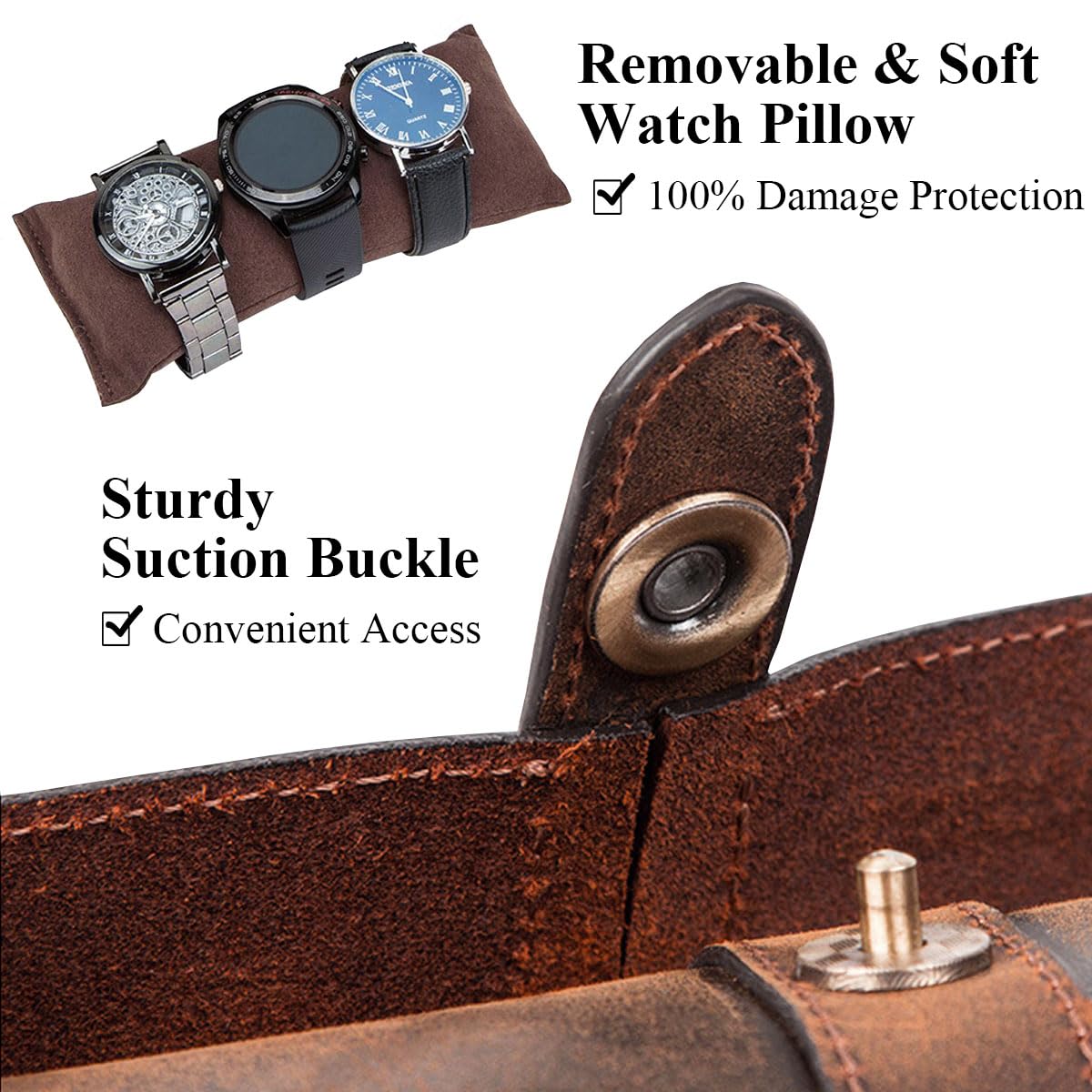 Acidea Genuine Leather Watch Roll Case - Travel Case for 3 Watches, Men's Accessories