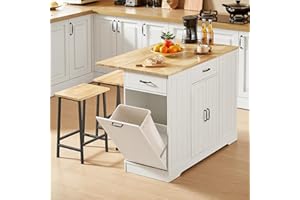 ONBRILL Stationary Kitchen Islands Include 2 Chairs, 47" Kitchen Island with Drop Leaf, Home Bar Table with Spice Rack & with Trash Cabinet, Island Table for Dining Room with Power Outlet, White