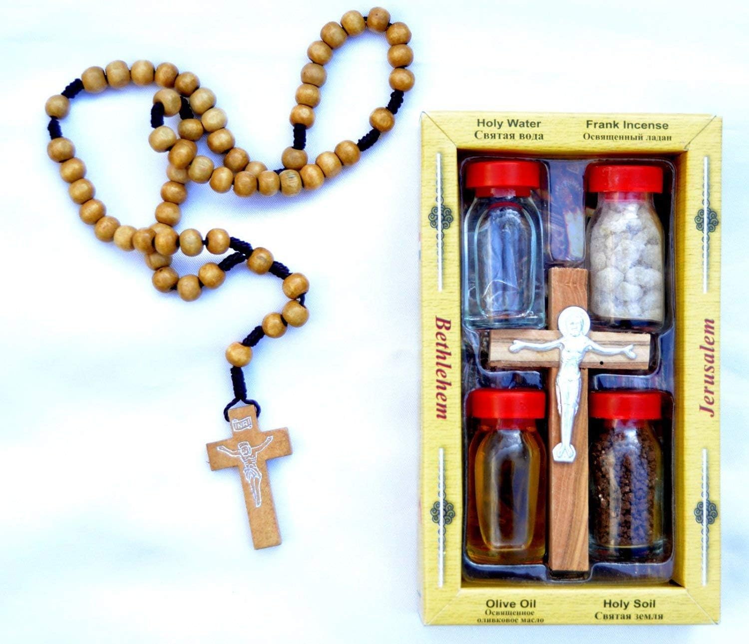 LION OF JUDAH MARKET Holy Land Gift Set (Earth, Water, Oil. Incense, Crucifix) and Olive Wood Beads Rosary