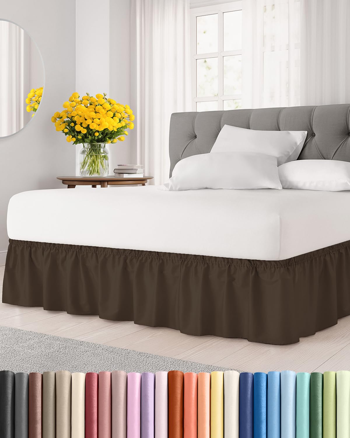 Photo 1 of Wrap Around Dust Ruffle Bed Skirt - Brown - for Full Size Beds with 18 Inch Drop - Easy Fit Elastic Strap - Adjustable Pleated Bedskirt w/Brushed Fabric - Wrinkle Free - for Women, Men, Kids & Teens