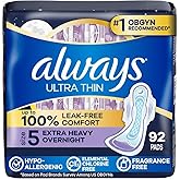 Always Ultra Thin Overnight Pads, Size 5, Extra Heavy Overnight, Unscented, 92 Count (2 Packs of 46)