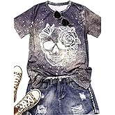 Skull Floral T-Shirt Women Funny Skull Face Graphic Shirt Vintage Summer Casual Short Sleeve Tops Tee