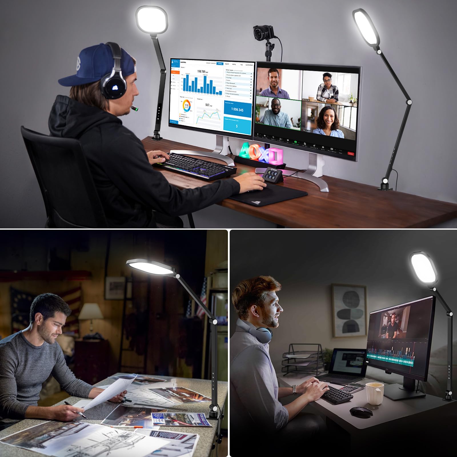 LitONES Video Conference Lighting for Computer, Dimmable Light for Video Recording, Meeting, Laptop & Webcam, 15W Ring Light for Desk with C- Clamp, Swing Arm, Remote, Memory & Timer CRI >95