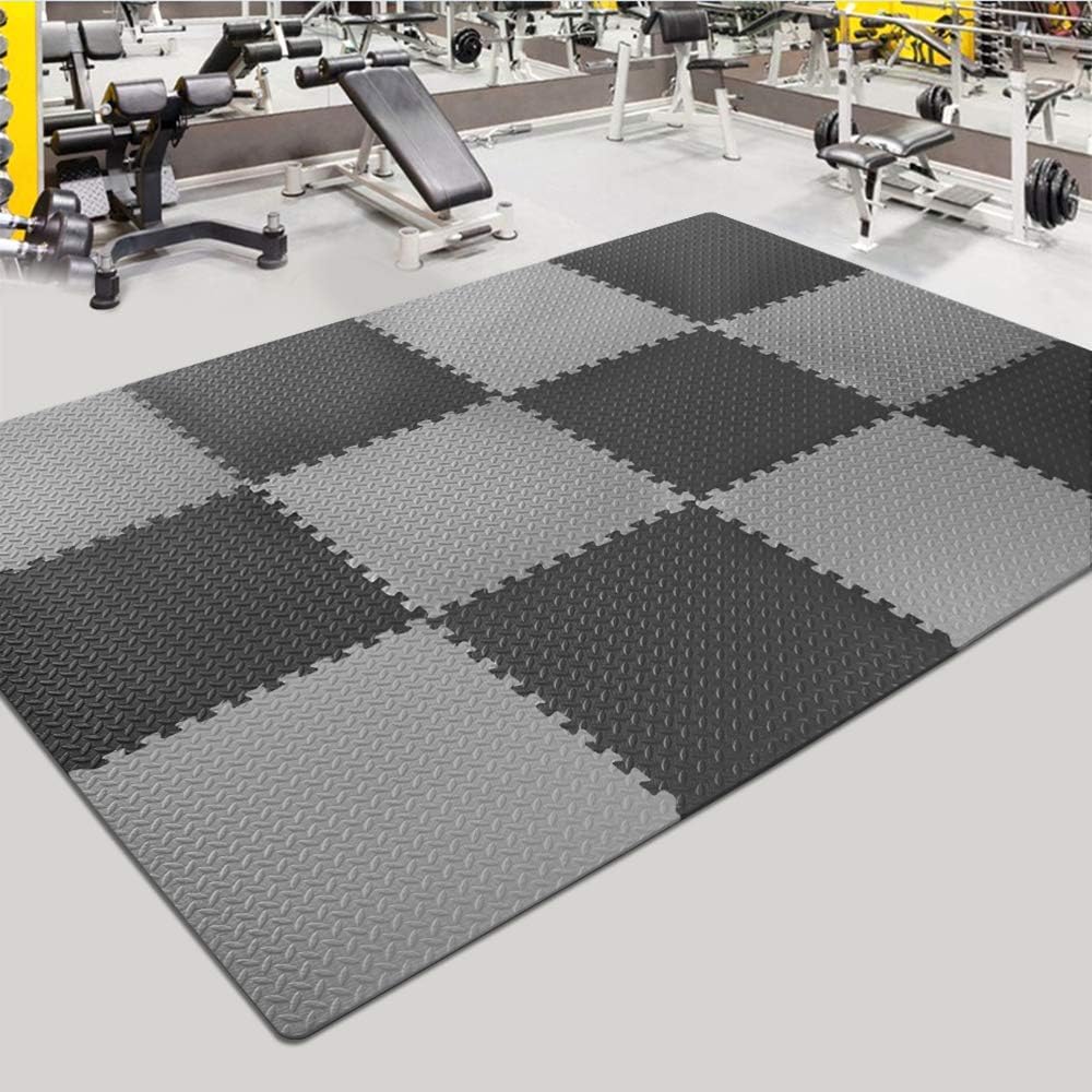 innhom 12 Tiles, 46 SQ. FT Gym Mat Exercise Mat Puzzle Foam Mats Gym Flooring Mat Interlocking Foam Mats with EVA Foam Floor Tiles for Gym Equipment Workout Mat, Black and Gray : Sports & Outdoors