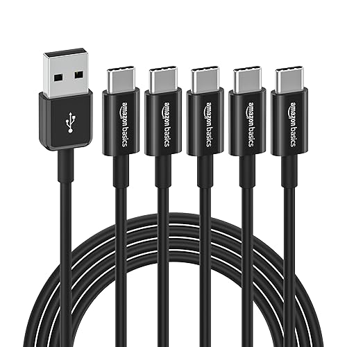 Amazon Basics 5-Pack USB-C to USB-A 2.0 Fast Charger Cable, 480Mbps Speed, USB-IF Certified, for Apple iPhone 16/15, iPad, Samsung Galaxy, Laptops, 6 foot, Black