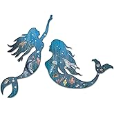 Pelopy 2 Pack Metal Mermaid Wall Art Rustic Bathroom Hanging Mermaid Wall Decor Blue Sculpture Decorations for Room Patio Swimming Pool Bathroom