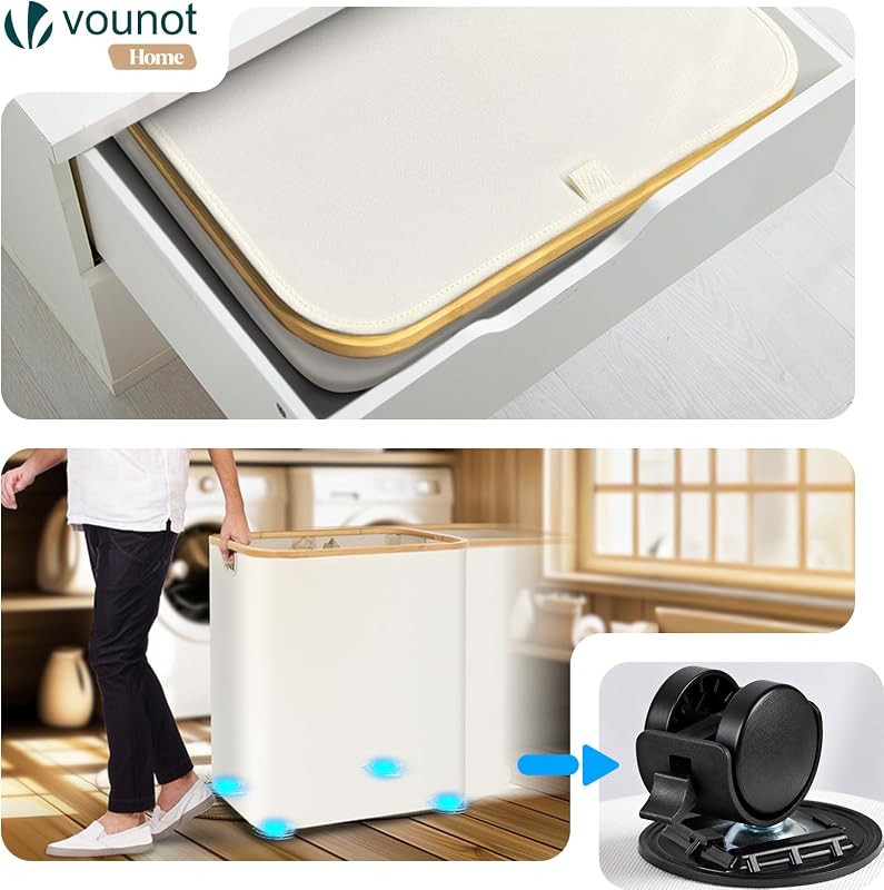 ® Cesto Ropa Sucia con Tapa 145L Cesta para la Colada Cubo Ropa Sucia Plegable con Ruedas Bolsas Interiores Extraíble Asas de Bambú Laundry Basket para Lavandería Dormitorio Cuatro de Baño Beige